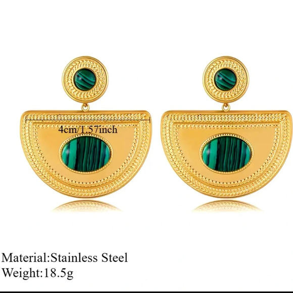 Malachite 18K Gold Stainless Steel Waterproof Earrings - Picture 3 of 5